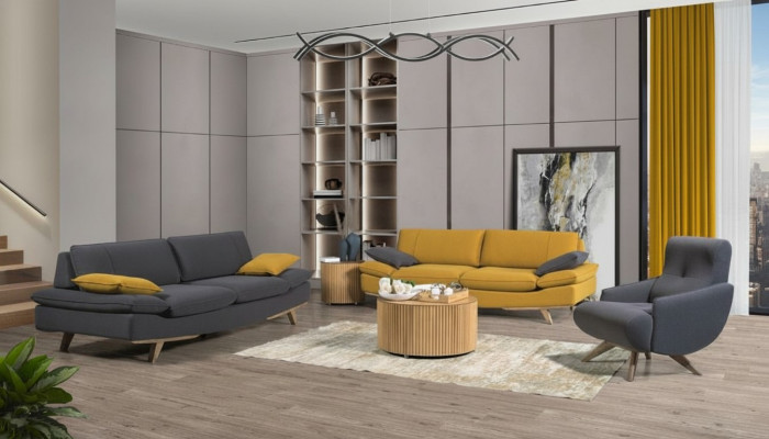 Grijze-gele woonkamer zitmeubels luxe 2x 3-zitsbanken éénzitter 3-delig.