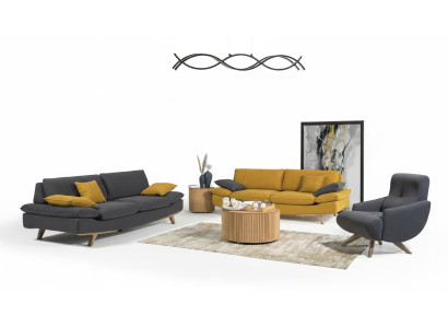 Grijze-gele woonkamer zitmeubels luxe 2x 3-zitsbanken éénzitter 3-delig.