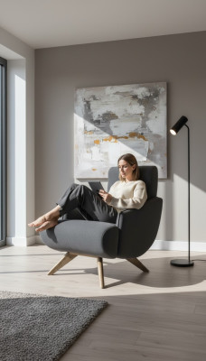 Grijze loungestoel ontwerper fauteuil eenzitter gestoffeerde stoel woonkamer meubels