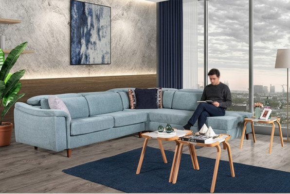 Blauwe hoekbank L-vorm woonkamer gestoffeerde banken designer houten frame