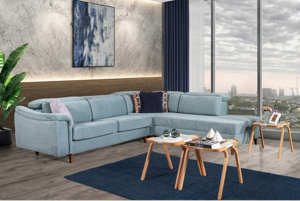 Blauwe hoekbank L-vorm woonkamer gestoffeerde banken designer houten frame