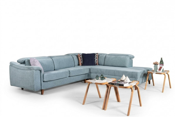 Blauwe hoekbank L-vorm woonkamer gestoffeerde banken designer houten frame