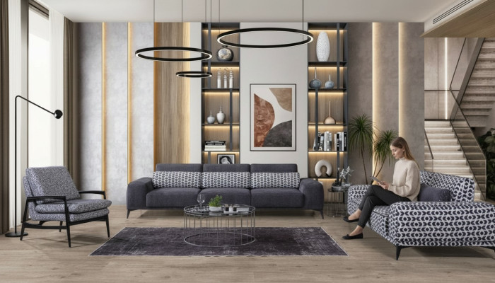Grijze woonkamer zithoek Exclusieve driezitsbank eenzitter 3-delig 4+3+1