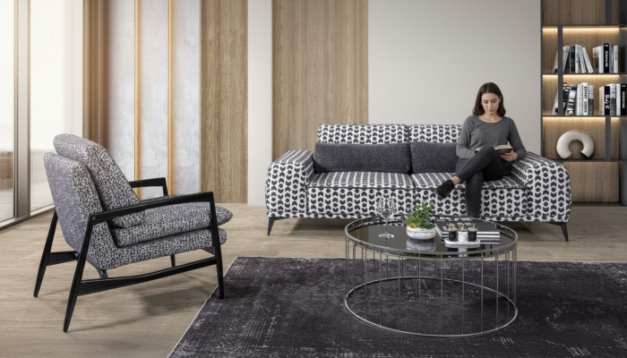 Grijze woonkamer textielbank 3-zitsbank luxe loungestoel 2-delig