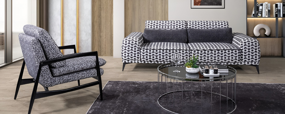 Grijze woonkamer textielbank 3-zitsbank luxe loungestoel 2-delig