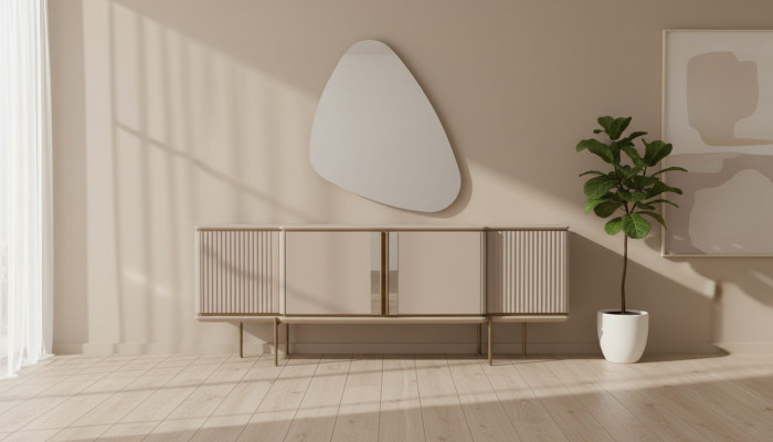 Beige eetkamer dressoir met 2 deuren Luxe spiegel Moderne houten meubels