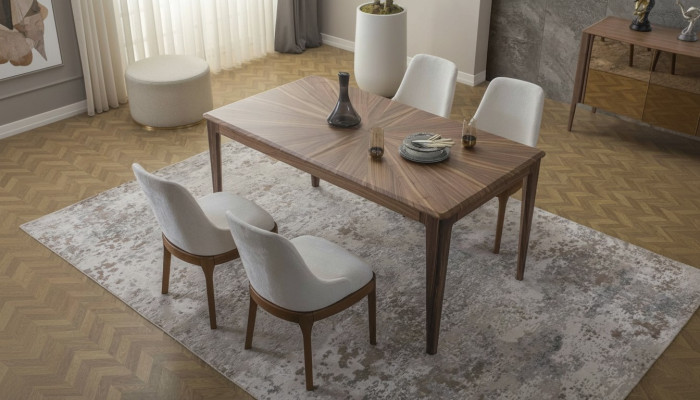 Eetkamerset Bruine eettafel Luxe witte 6x gestoffeerde stoelen 7-delig