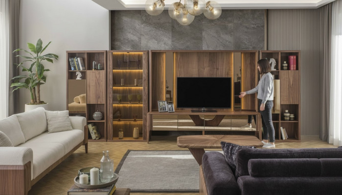Moderne bruine woonkamer wandkast houten wand Mux LED-planken woonwanden
