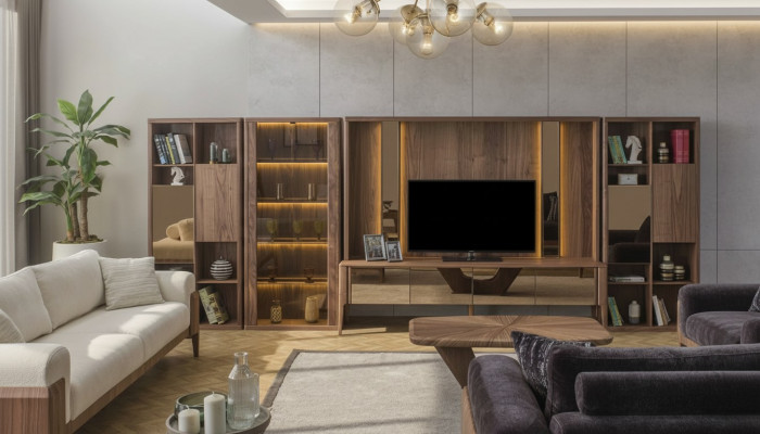 Moderne bruine woonkamer wandkast houten wand Mux LED-planken woonwanden