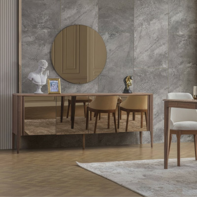 Bruine eetkamer glazen dressoir Moderne spiegel Compleet 2-delige set Nieuw