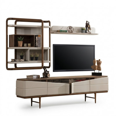 Beige woonkamerset RTV-lage kast 2x planken hout designmeubels.