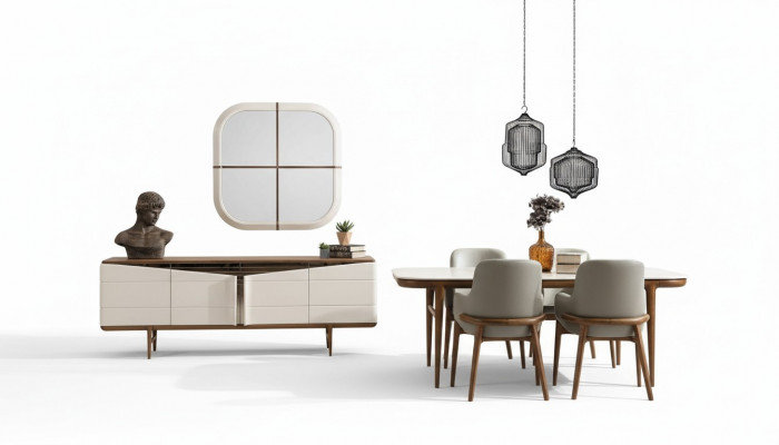 Bruin-wit eetkamer meubels, design eetkamerset, luxe 9-delige set