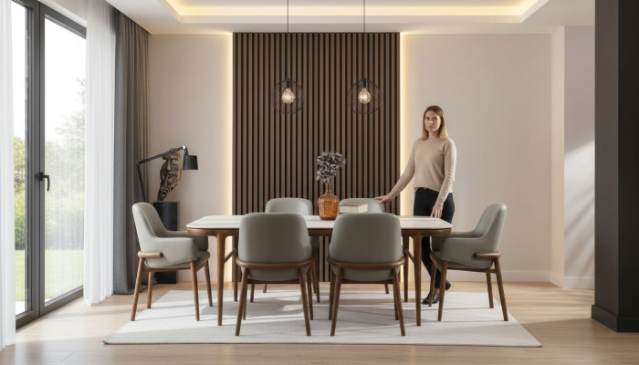 Eetkamer meubilair Houten tafel Ontwerper gestoffeerde stoelen Houten poten 7-delig Luxe set