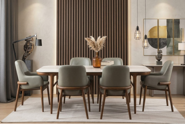 Eetkamer meubilair Houten tafel Ontwerper gestoffeerde stoelen Houten poten 7-delig Luxe set