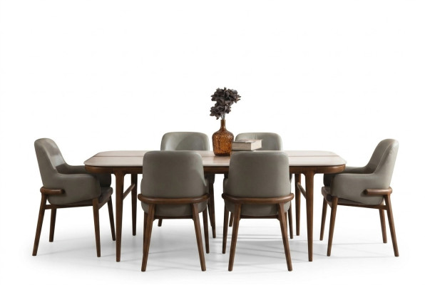 Eetkamer meubilair Houten tafel Ontwerper gestoffeerde stoelen Houten poten 7-delig Luxe set