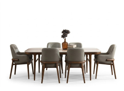 Eetkamer meubilair Houten tafel Ontwerper gestoffeerde stoelen Houten poten 7-delig Luxe set
