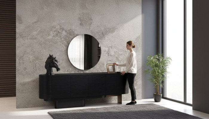 Zwarte eetkamer meubels Stijlvol dressoir met spiegel Houten commode
