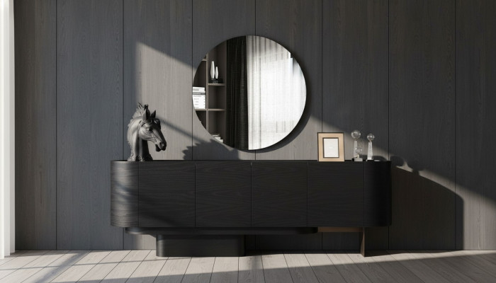 Zwarte eetkamer meubels Stijlvol dressoir met spiegel Houten commode