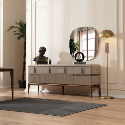 Beige eetkamer meubels Luxe houten dressoir met 4 deuren, glazen spiegel, 2-delige set