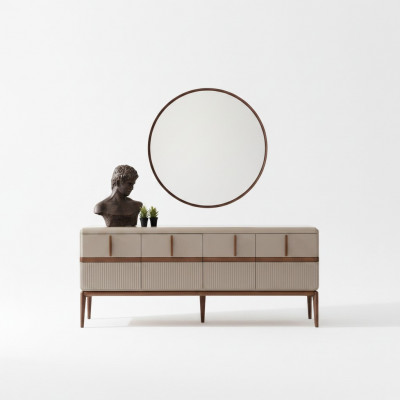 Beige eetkamer meubels Luxe houten dressoir met 4 deuren, glazen spiegel, 2-delige set