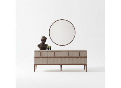 Beige eetkamer meubels Luxe houten dressoir met 4 deuren, glazen spiegel, 2-delige set