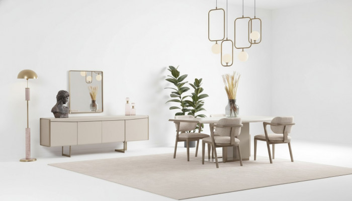 Beige eetkamerset, ontwerpeettafel, gestoffeerde stoelen, luxe dressoir