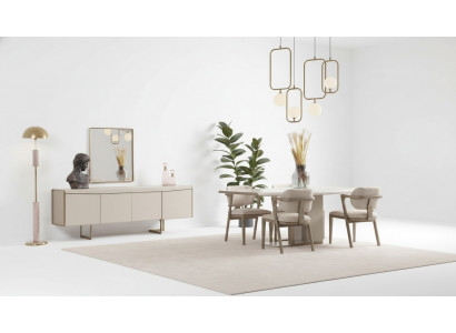 Beige eetkamerset, ontwerpeettafel, gestoffeerde stoelen, luxe dressoir