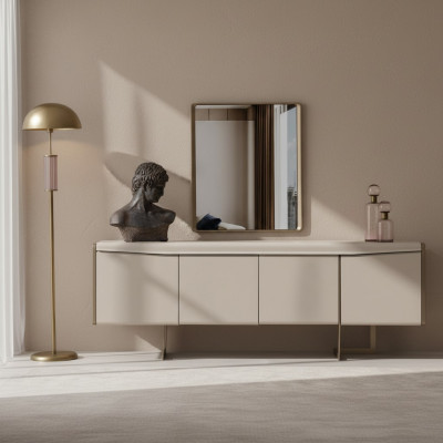 Beige eetkamer dressoir Rechthoekige spiegel Stijlvolle houten meubel 2-delig