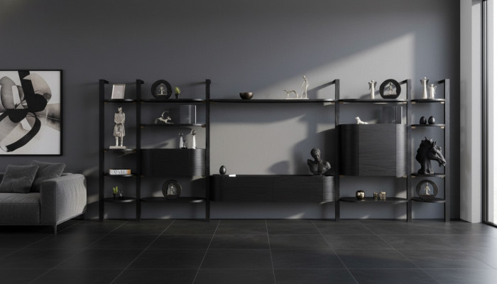 Exclusieve zwarte woonkamer set, designer woonkamer meubelen, luxe houten wand.
