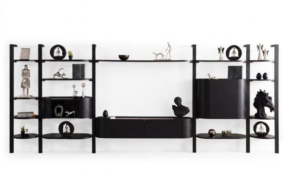 Exclusieve zwarte woonkamer set, designer woonkamer meubelen, luxe houten wand.