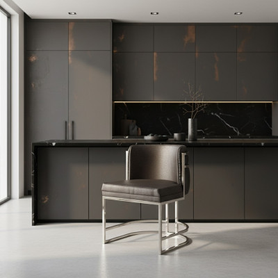 Luxe stoel in bruine kleur met modern design en metalen frame voor de eetkamer.