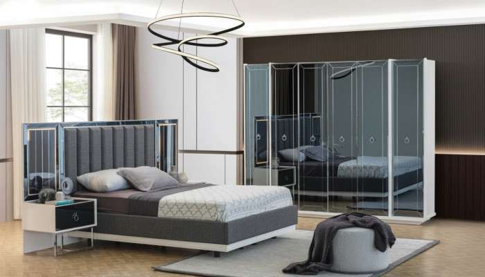Designer slaapkamer set met tweepersoonsbedden, nachtkastje en kledingkast.