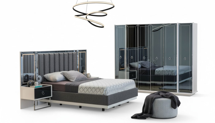 Designer slaapkamer set met tweepersoonsbedden, nachtkastje en kledingkast.