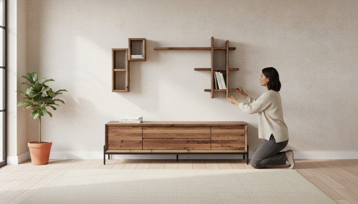 Bruin modern dressoir met 3 deuren en planken voor in de woonkamer houten meubels