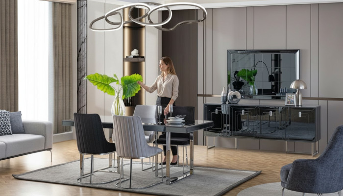 Moderne eetkamer meubels Houten tafel 4x stoffen stoelen Dressoir Spiegel