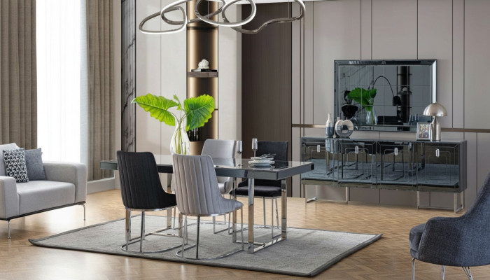 Moderne eetkamer meubels Houten tafel 4x stoffen stoelen Dressoir Spiegel