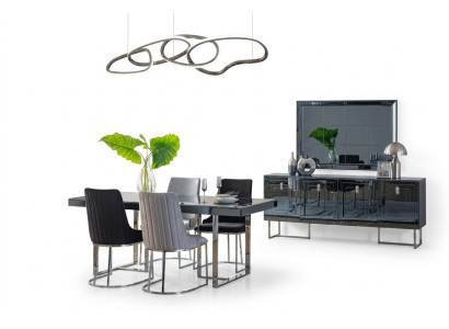Moderne eetkamer meubels Houten tafel 4x stoffen stoelen Dressoir Spiegel