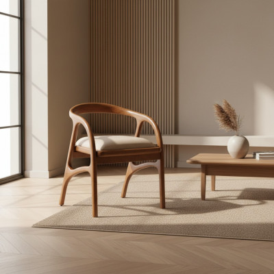 Bruine luxe gestoffeerde eetkamerstoel met design armleuningen, éénzits.