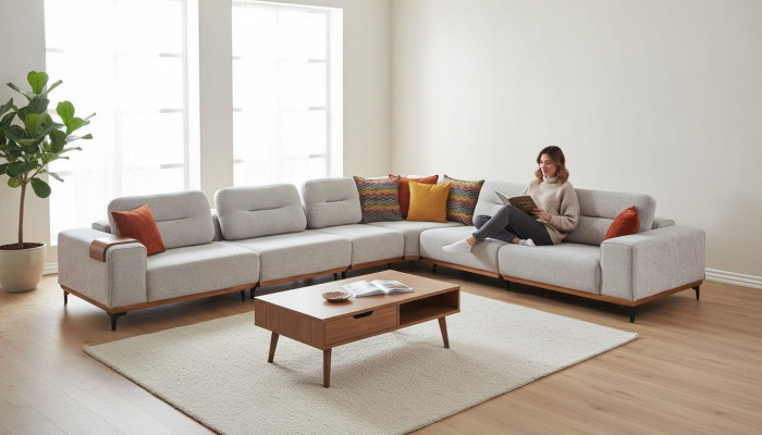 Grijze hoekbank Exclusieve L-vormige set Luxe woonkamer meubels