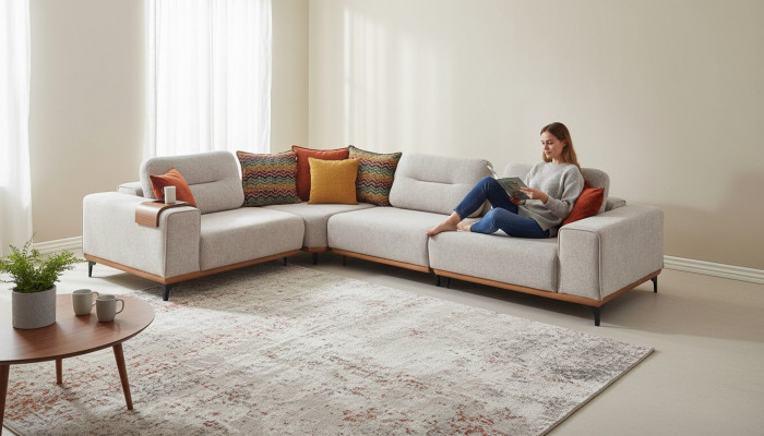 Witte hoekbank Moderne L-vorm Bank Woonkamer Gestoffeerde banken Houten frame