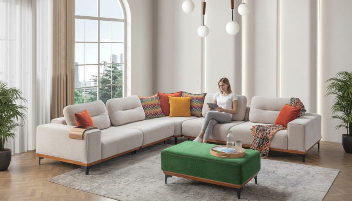Designer woonkamerset bestaat uit een 2-delige hoekbank in L-vorm en een hocker.