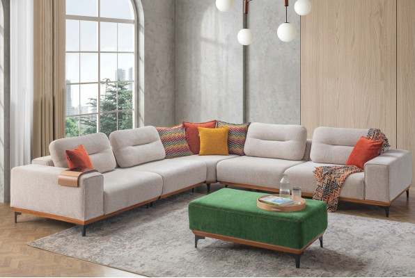 Designer woonkamerset bestaat uit een 2-delige hoekbank in L-vorm en een hocker.