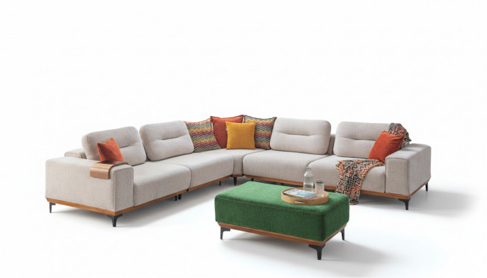 Designer woonkamerset bestaat uit een 2-delige hoekbank in L-vorm en een hocker.