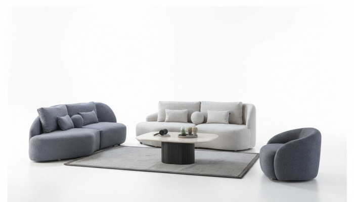 Grijswit woonkamerset 3+3 zitter designer textiel fauteuil 3-delig