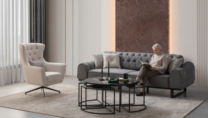Grijze Chesterfield driezitsbank Luxe bekleding Witte fauteuil 2-delige set