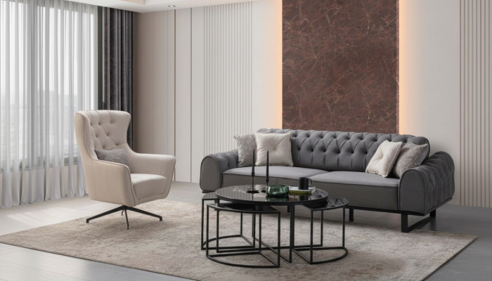 Grijze Chesterfield driezitsbank Luxe bekleding Witte fauteuil 2-delige set