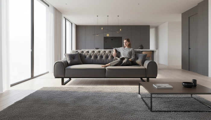Grijze Chesterfield 3-zitsbank met luxe driepersoons designer woonkamerbank.