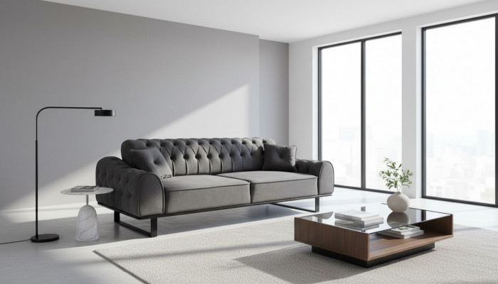 Grijze Chesterfield 3-zitsbank met luxe driepersoons designer woonkamerbank.