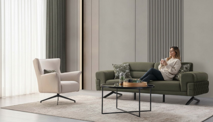Groen-witte woonkamersetexclusieve driezits bekled-design.