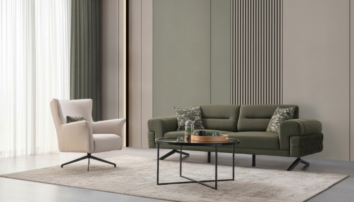 Groen-witte woonkamersetexclusieve driezits bekled-design.